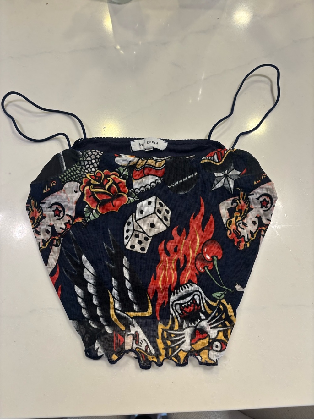 Bear Dance Navy Tattoo-Print Spaghetti Strap Cami